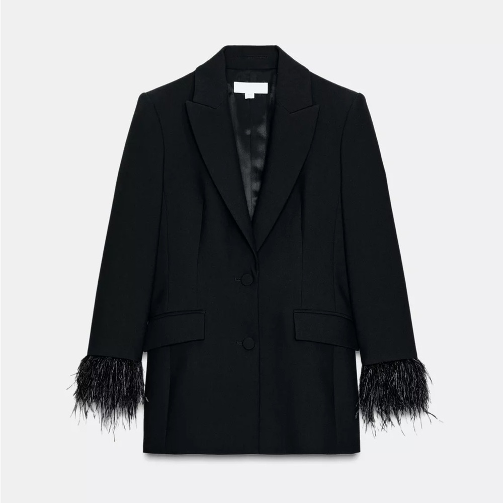 Zara Elegant Black Feather-Trimmed Women's Blazer Jacket